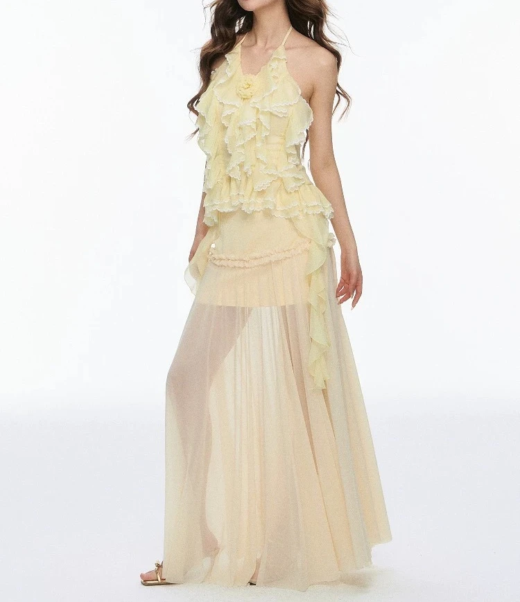 

Yellow Ruffles Tops and Skirts Women Summer Vacation Elegant Two Piece Sets Lady Streetwear Chic Skirt Sets