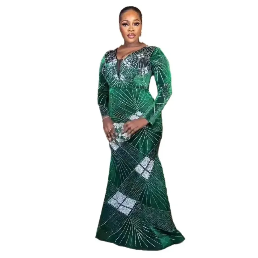 

Sequin African Wedding Party Dresses for Women Spring African Long Sleeve V-neck Long Maxi Dress Gowns Dashiki Africa Clothing