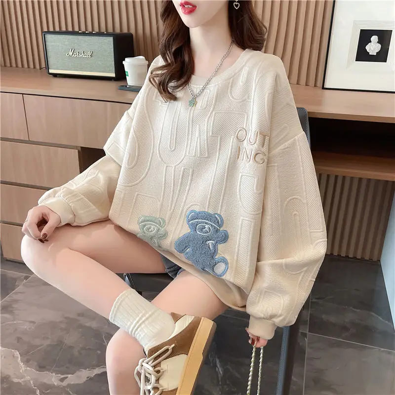 Women Korean Funny Cute Cartoon Bear Embroidery Streetwear Oversized Sweatshirts Y2K Female Trendy Casual Long Sleeve Tops Ropa