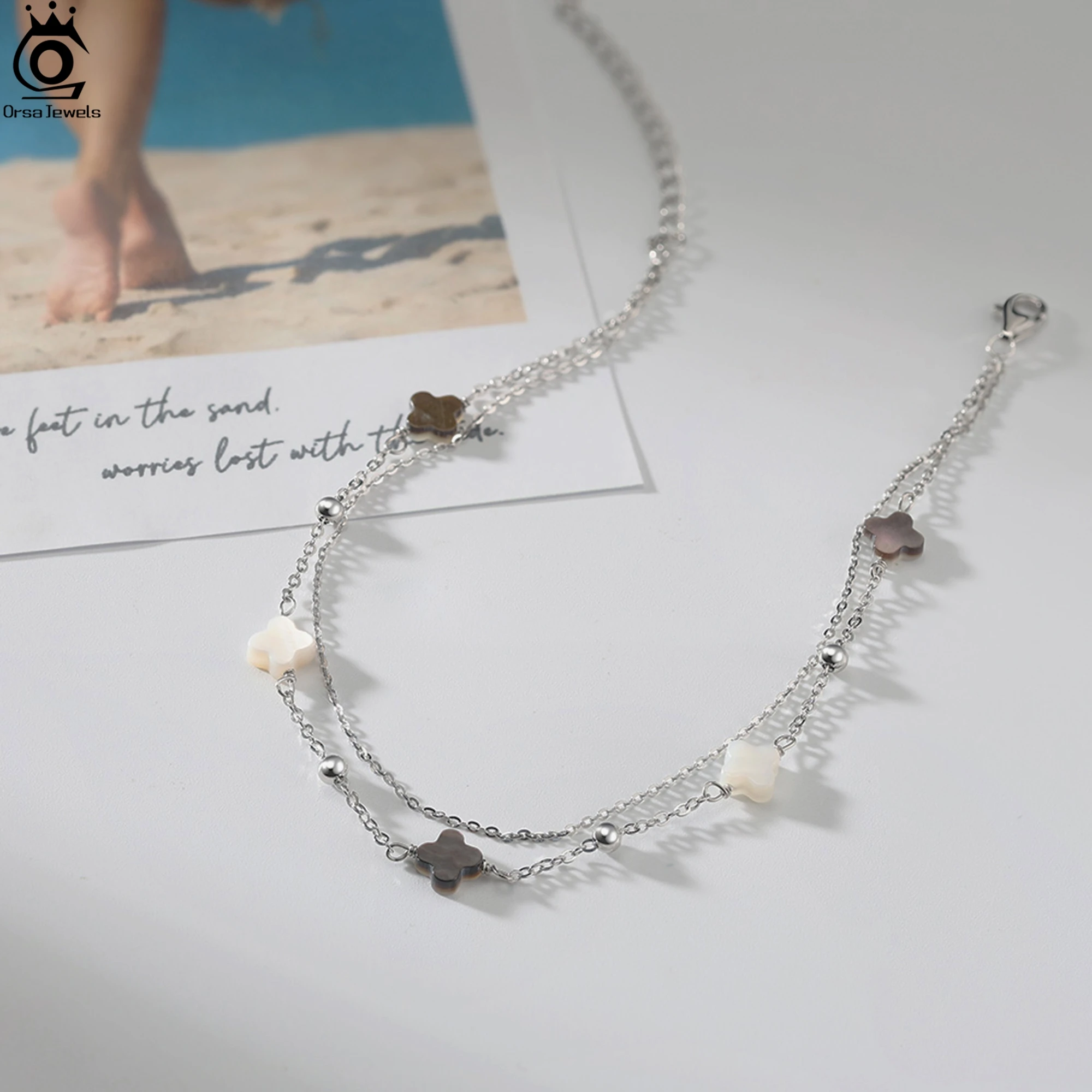 

ORSA JEWELS 925 Sterling Silver White & Black Shell Anklet Four Leaf Clover Design Nature Style Lucky Symbol Jewelry Gift GMA02