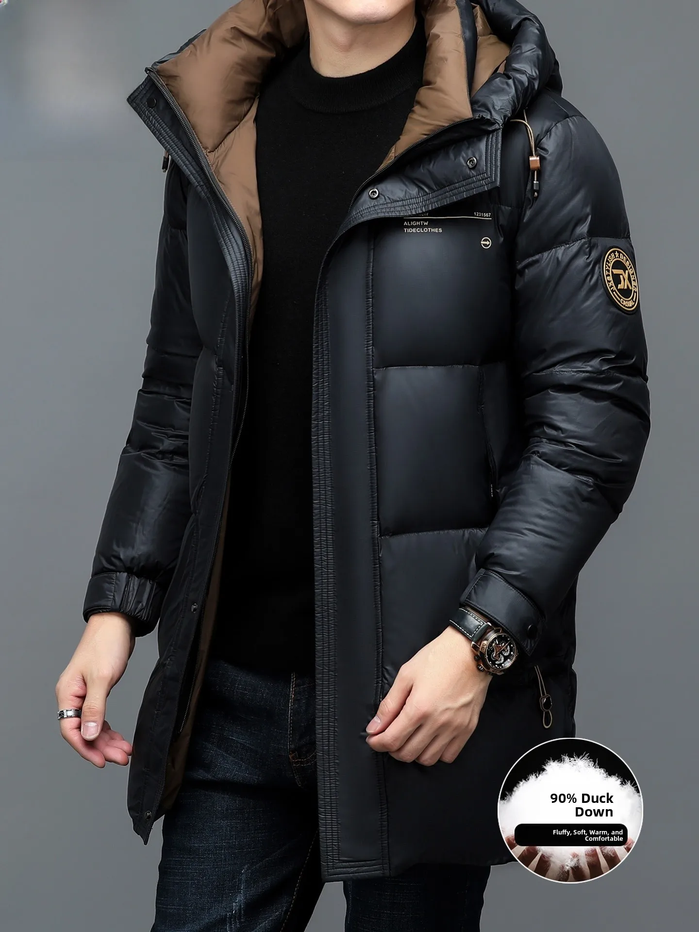 

TUCANO High-End Winter down Jacket Men's Mid-Length Thick White Duck down Warm Casual Hooded Coat Business Gentleman Style