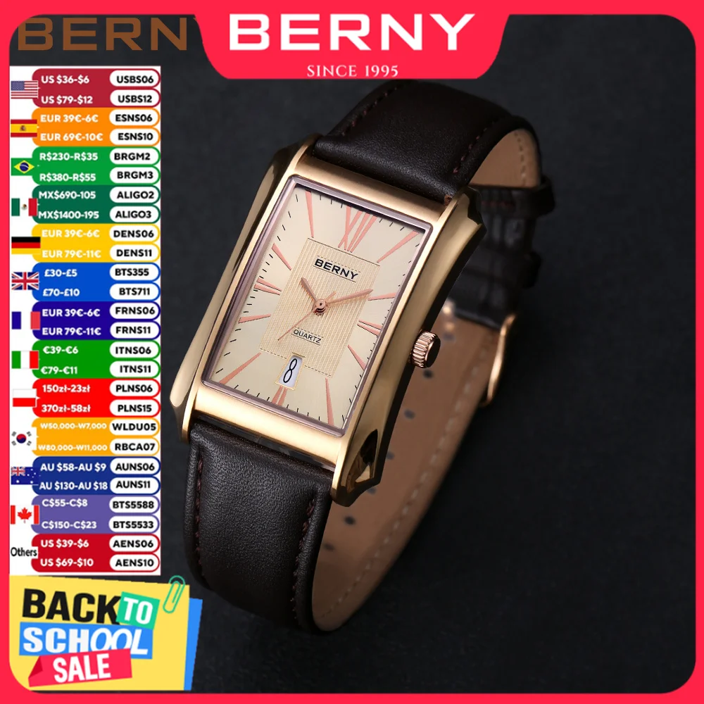 BERNY Uhr für Herren, rechteckig, japanische Quarz-Armbanduhr, wasserdicht, Business, rechteckig, Kleid, Herrenuhr, Top, echtes Lederarmband