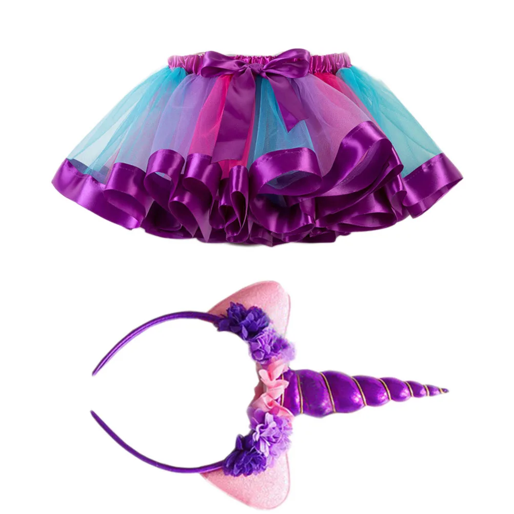 

Kids Rainbow Unicorn Costume Girl Skirt Set Purple Elastic Waist Tulle Ballet Dress Birthday Party Dance Performance Hairband