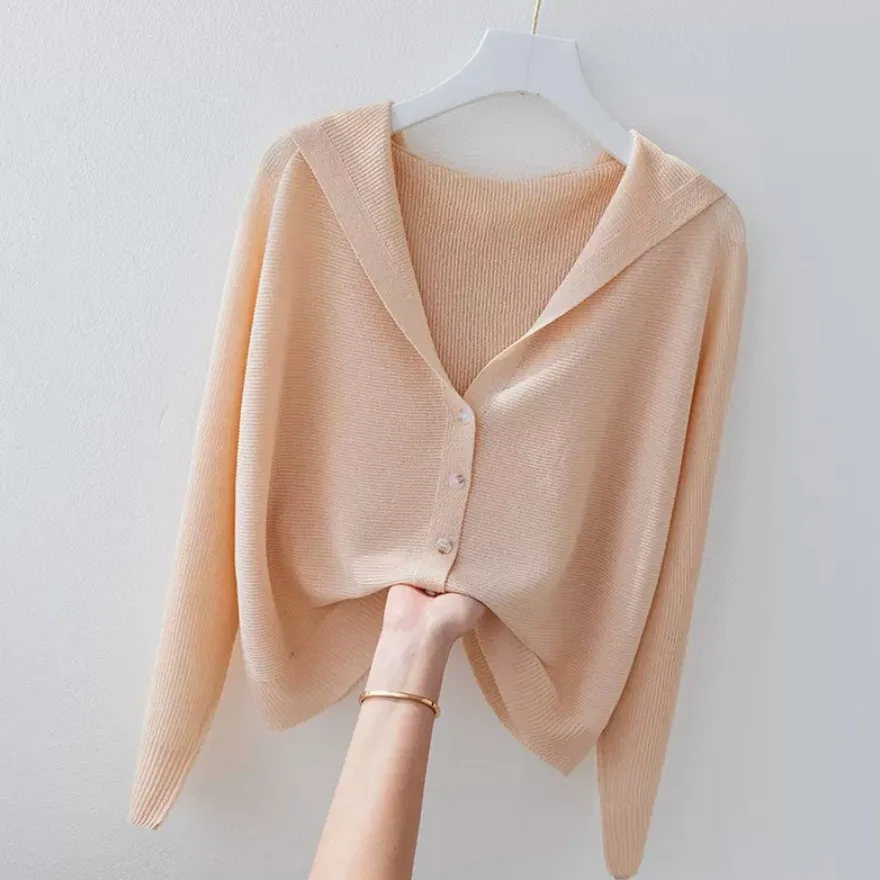 

Брендовый аутлет, вязаный кардиган из ледяного шелка, женское солнцезащитное пальто, тонкий топ, универсальный топ с капюшоном, Broom Sve Long Sve, лето