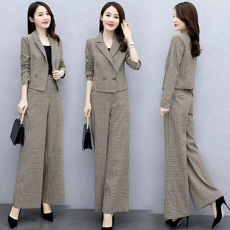 Women\'s Pants Two Piece Set Plaid Professional Suit Female Long Sleeve Temperament Wide leg Pants Suit 3XL