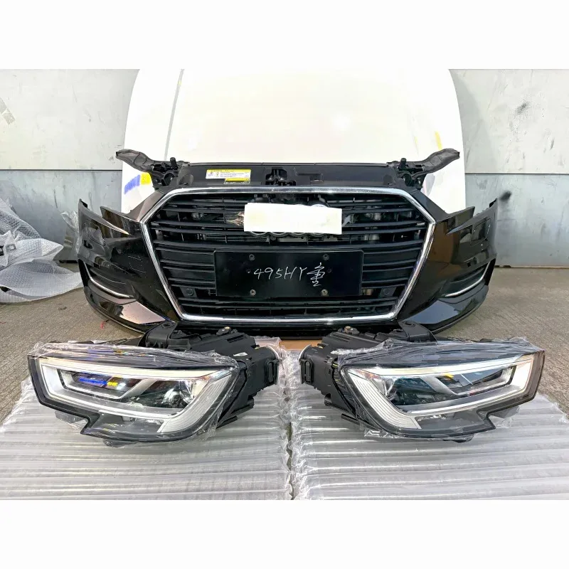 

Для Audi A3 2016-2019: Заводской демонтированный передний бампер с фарами и креплением на болтах к крыльям