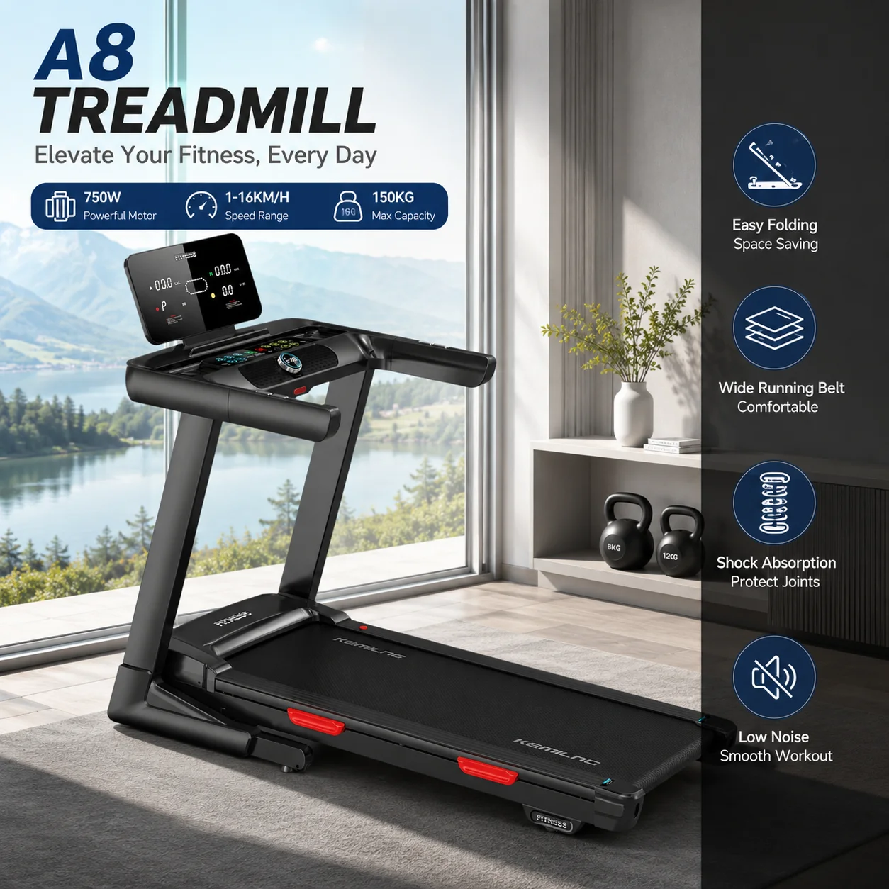 Home Smart Electric Treadmill 3.5HP PVC Multi-Functional Adjustable Incline Maximum Capacity 150kg Foldable Quiet