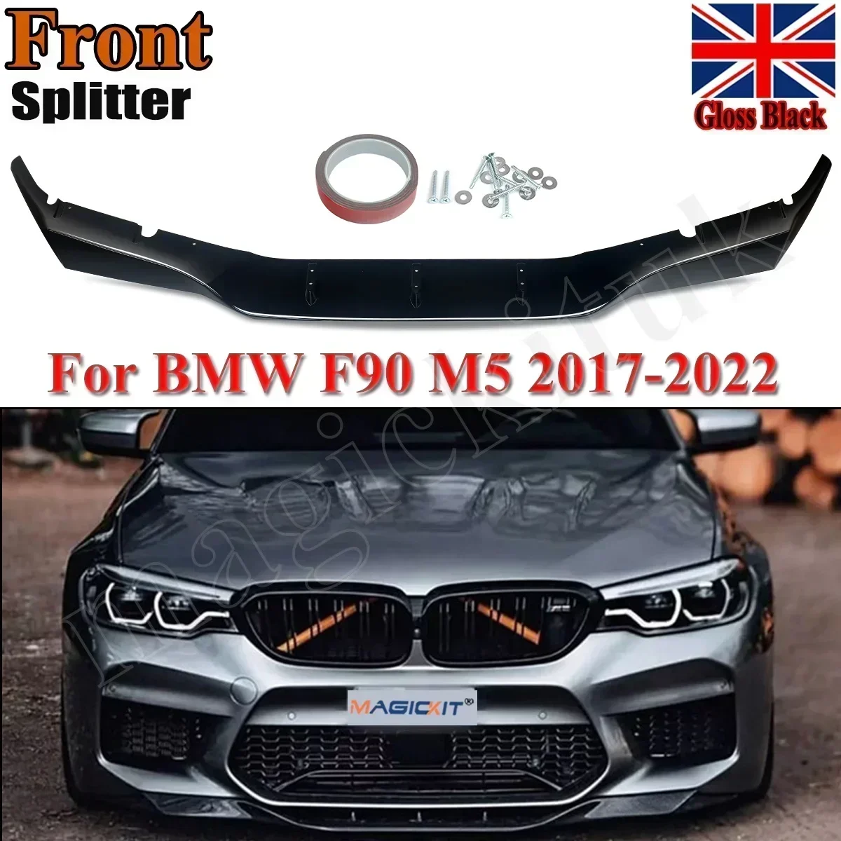 MagicKit For 18-on BMW 5 Series F90 M5 Only Front Bumper Lip Splitter Gloss Black Painted