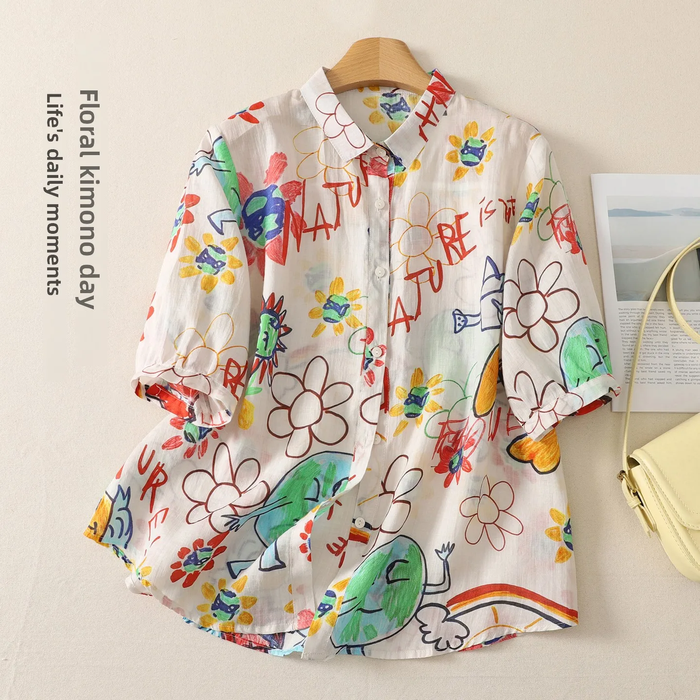

High-End plus Size Women's Cotton Linen Short Sleeve Shirt Summer New Print Turn-down Collar Outerwear Comfortable Casual Top
