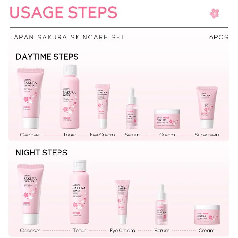 6pcs/Set Sakura Skin Care Sets Face Cream Serum Toner Facial Cleanser Sunscreen Eye Cream Face Skin Care Set Product Gift box