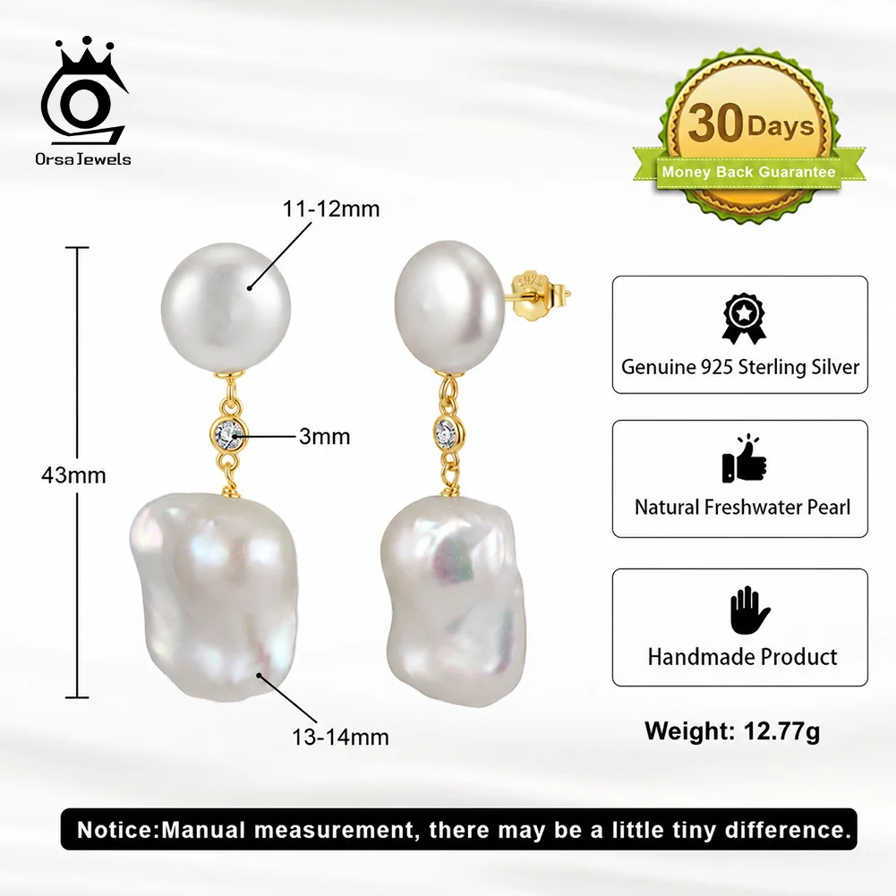 ORSA JEWELS Trendy Two Tier Round and Baroque Pearl Drop Earrings 925 Sterling Silver Shiny Statement Pearl Jewellery GPE159