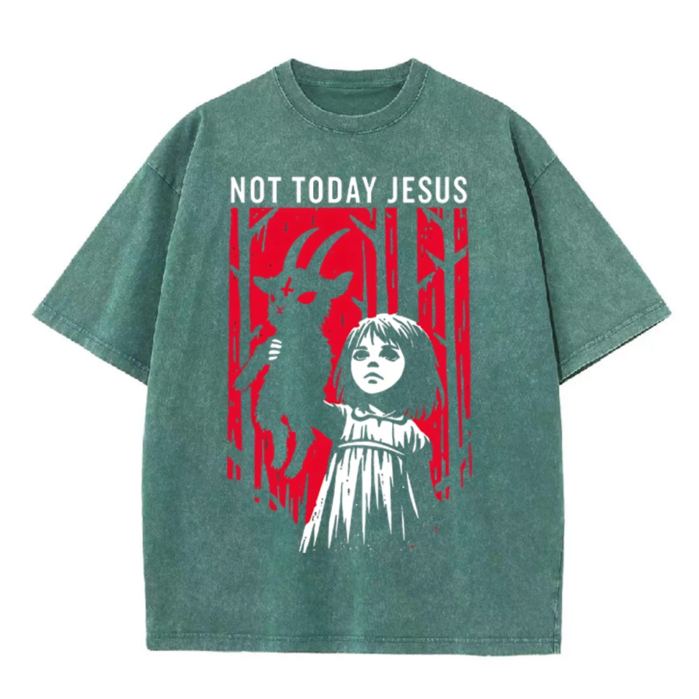 2026 Vintage Washed Black Dark Horror Devil Doll Graphic T Shirt Gothic Forest Retro Oversized Casual Short Sleeve Tee
