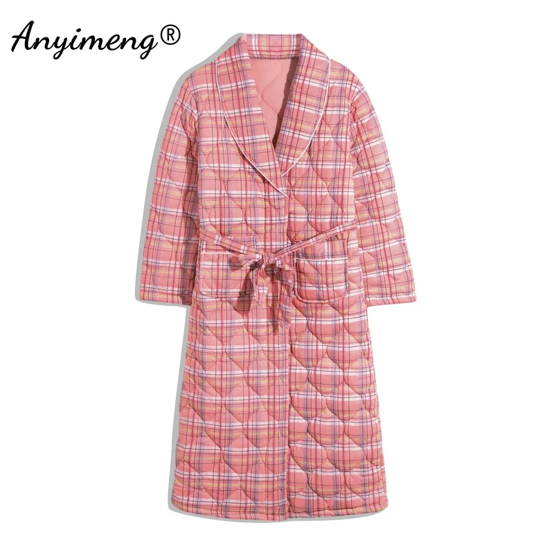 Thick Winter Home Coat Air 3 Layer Padded Knitted Cotton Bathrobe Warm Kimono Floral Printing Big Size Women\'s Bathrobe Robe New