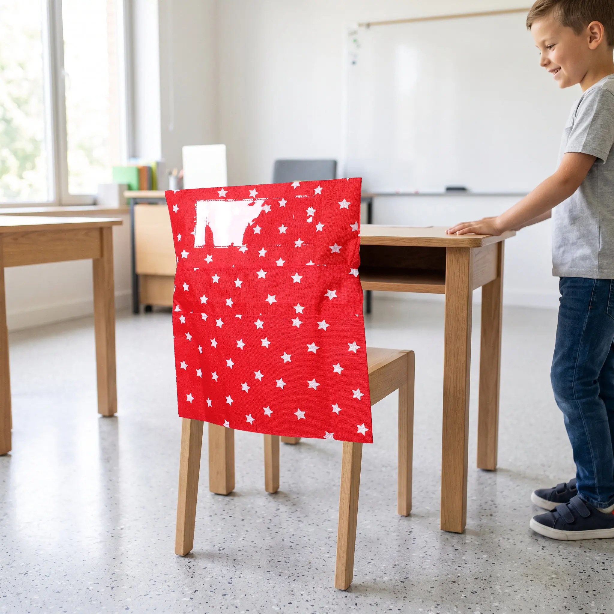 Chair Back Storage Pocket Red with Name Tag Window Classroom Chairback Hanging Organizer Bag Student Book Paper Storage Holder