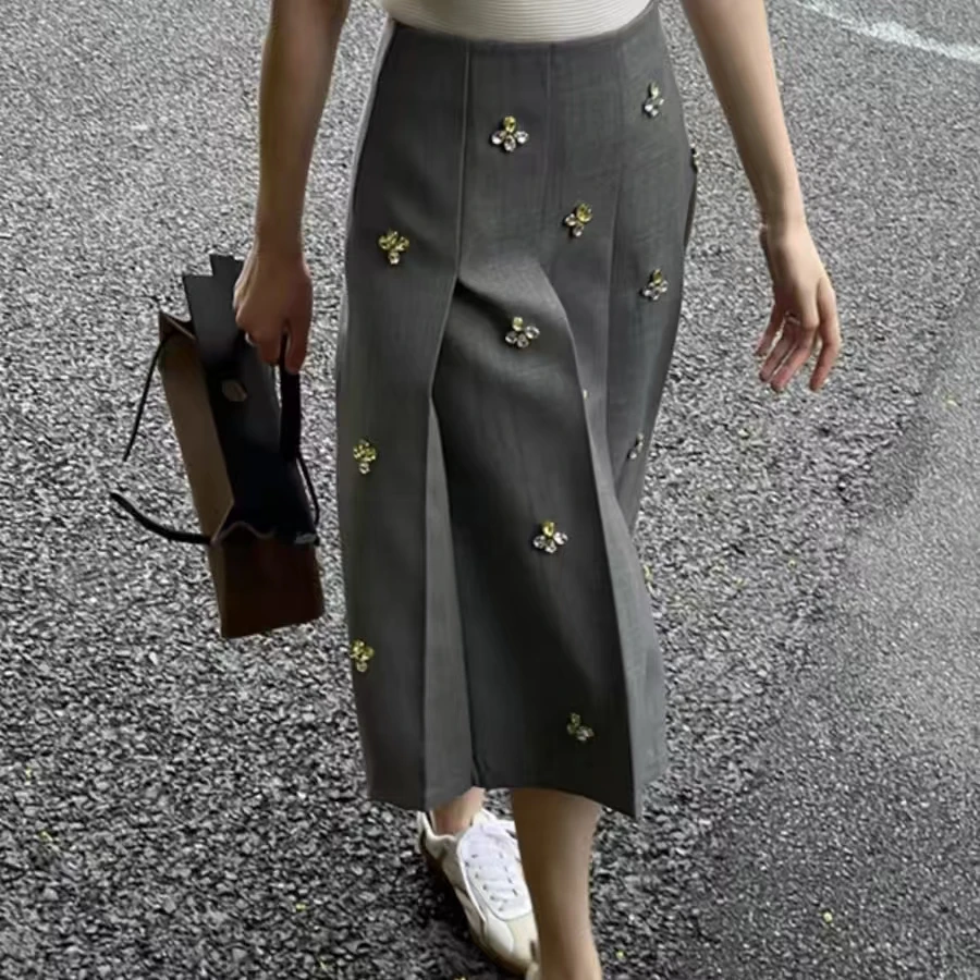 New In 2024 Autumn Korean Popular Diamonds Embroidery Women Half Skirt Office Lady A-line Pleated Skirts for Woman Faldas