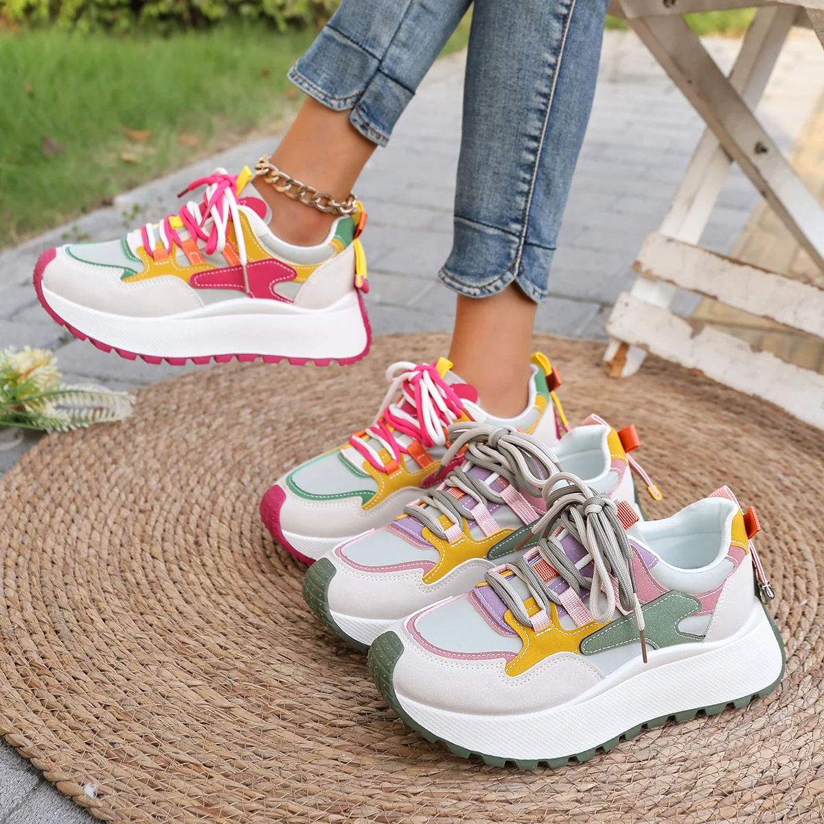 

Новая женская обувь, толстая подошва, повседневные кроссовки, универсальные, увеличивающие рост, дышащие, износостойкие, спортивные и повседневные.