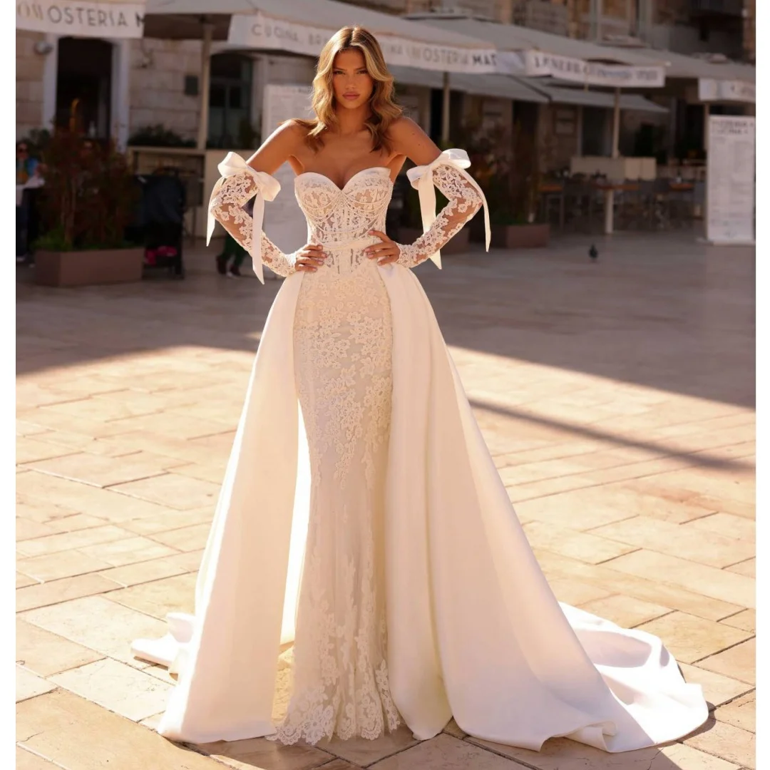

Lace Mermaid Wedding Dresses with Gloves Satin Detachable Train Luxury Bridal Gown Bustier Corset robe de mariée Customize