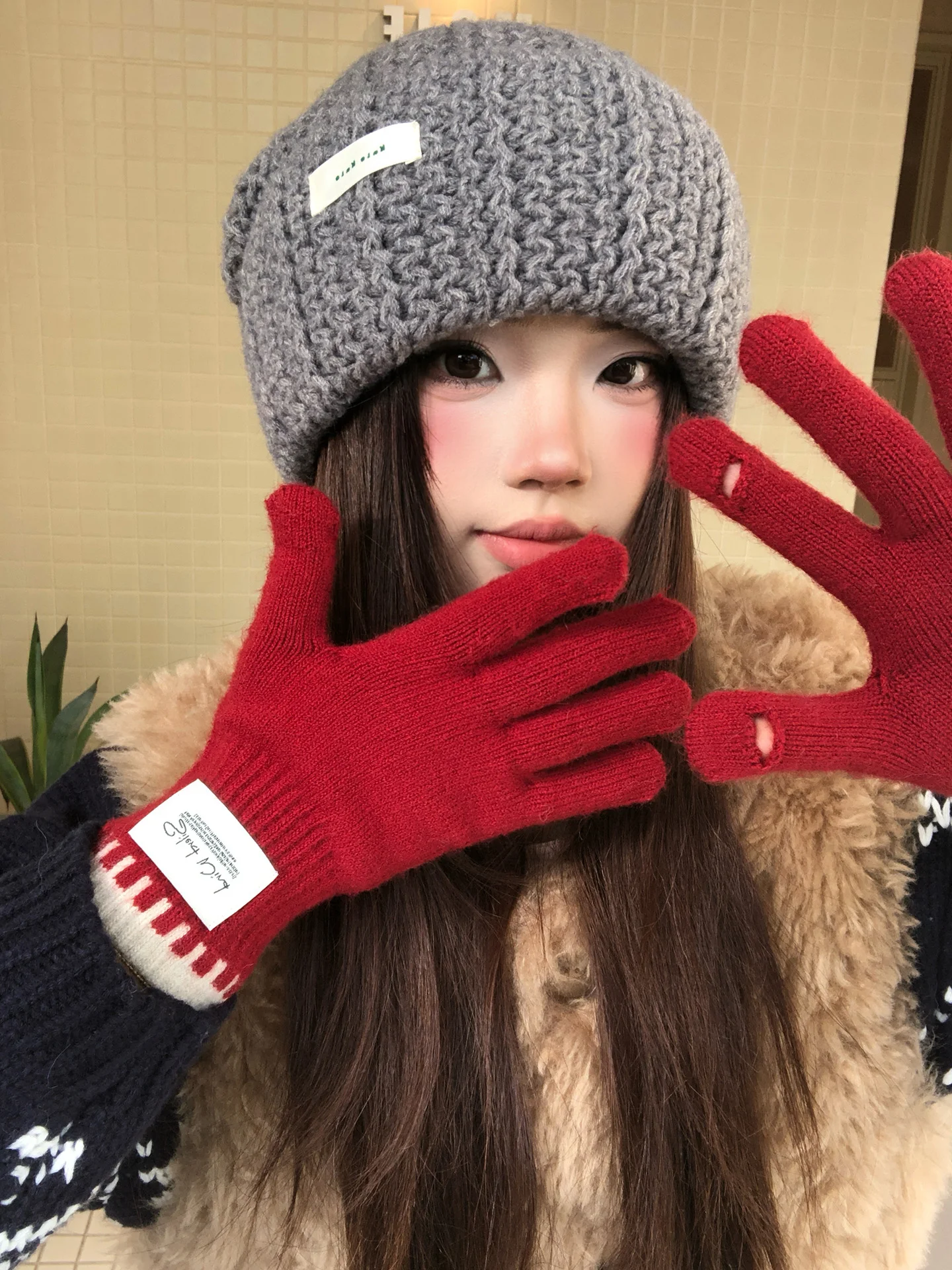Red Knitted Wool Blend Gloves Women's Winter Cycling Warm Cold Resistant Touch Screen Compatible Five Finger Woolen Gloves
