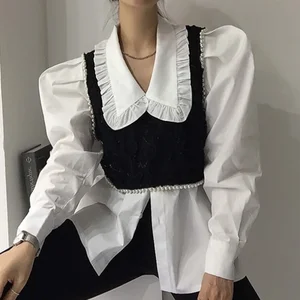 Корейский стиль, топы, Женская белая блузка Reto и короткий жилет, комплект из двух предметов, элегантные черно-белые подходящие комплекты, Blusa Feminina