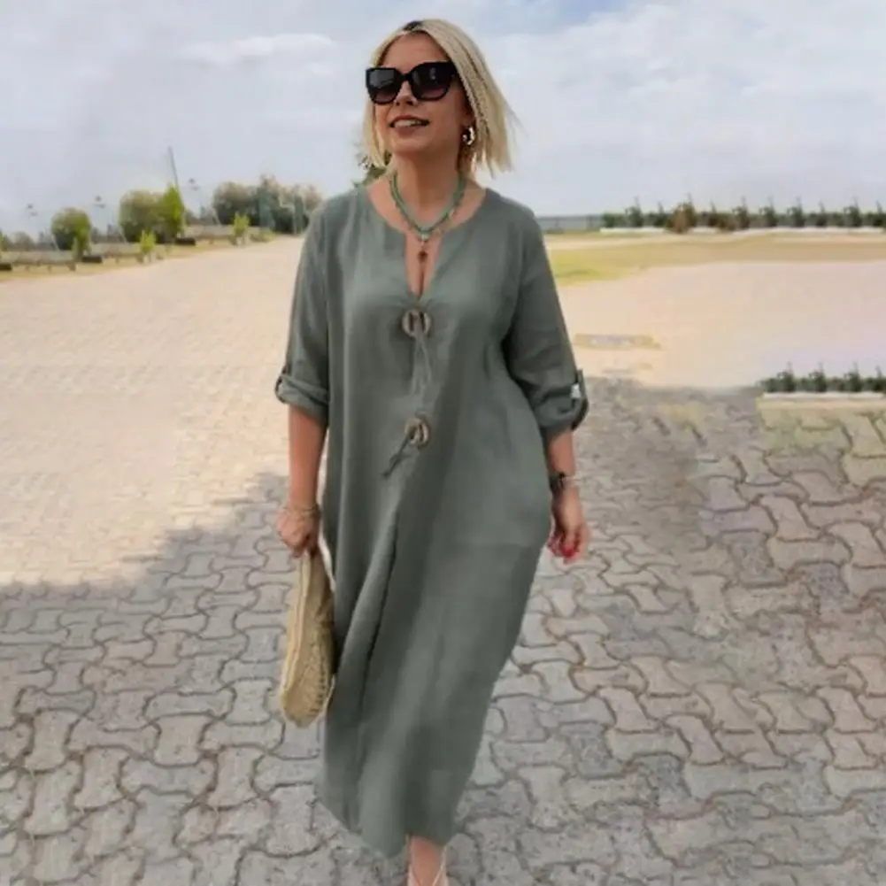 

Women Dress V Neck Button Decor Long Sleeve Loose Plus Size Mid-calf Length Simple Style Commute Midi Dress