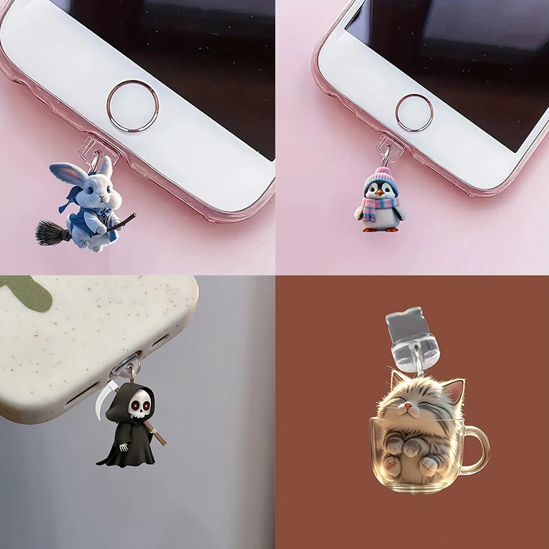 2D Mobile Phone Dust Plug Pendan Cute Cat Dog Ghost Shamrock Decoration Hanging Pendant For Type-C Charging Port Anti-Dust Plug