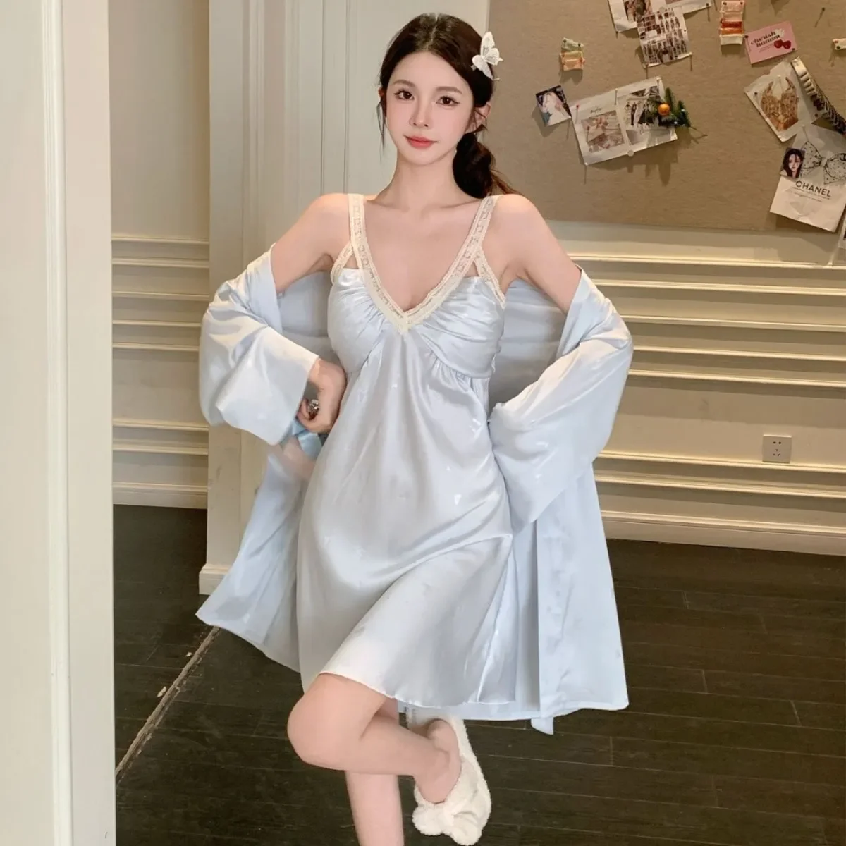 

Twinset Robe Suit With Strap Nightgown Female Sleepwear Lingerie Lace Patchwork Kimono Bathrobe Set Summer Temptation Nightwear