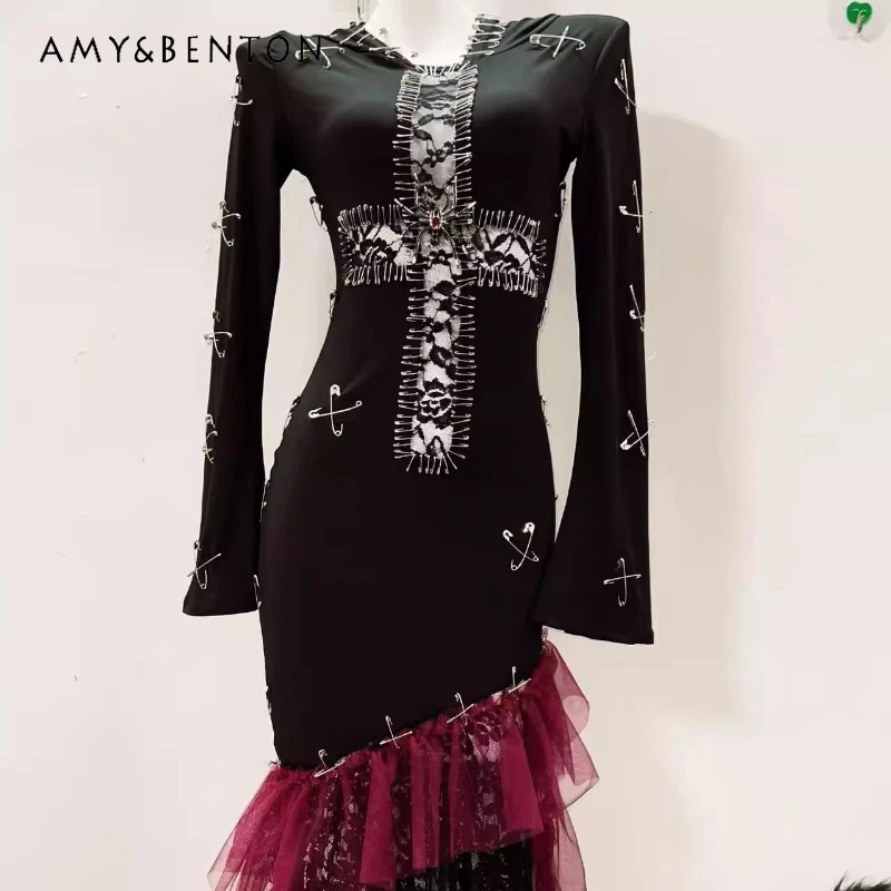 

Original Design Gothic Lace Hollow Out Women's Dress 2025 New Black Beaded Hot Girl Slimming Horn Sleeves Long Dresses Ladies