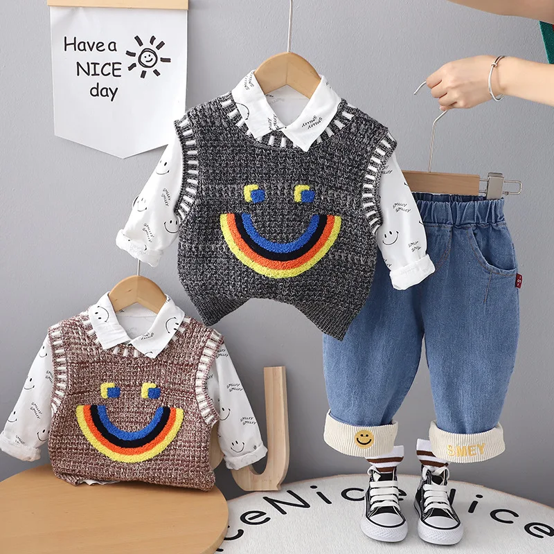 

Boys Clothes Sets Spring Autumn 2024 Children Woolen Jersey Vest Shirts Pants 3pcs Suit For Baby Tracksuits Kids Outfits Toddler