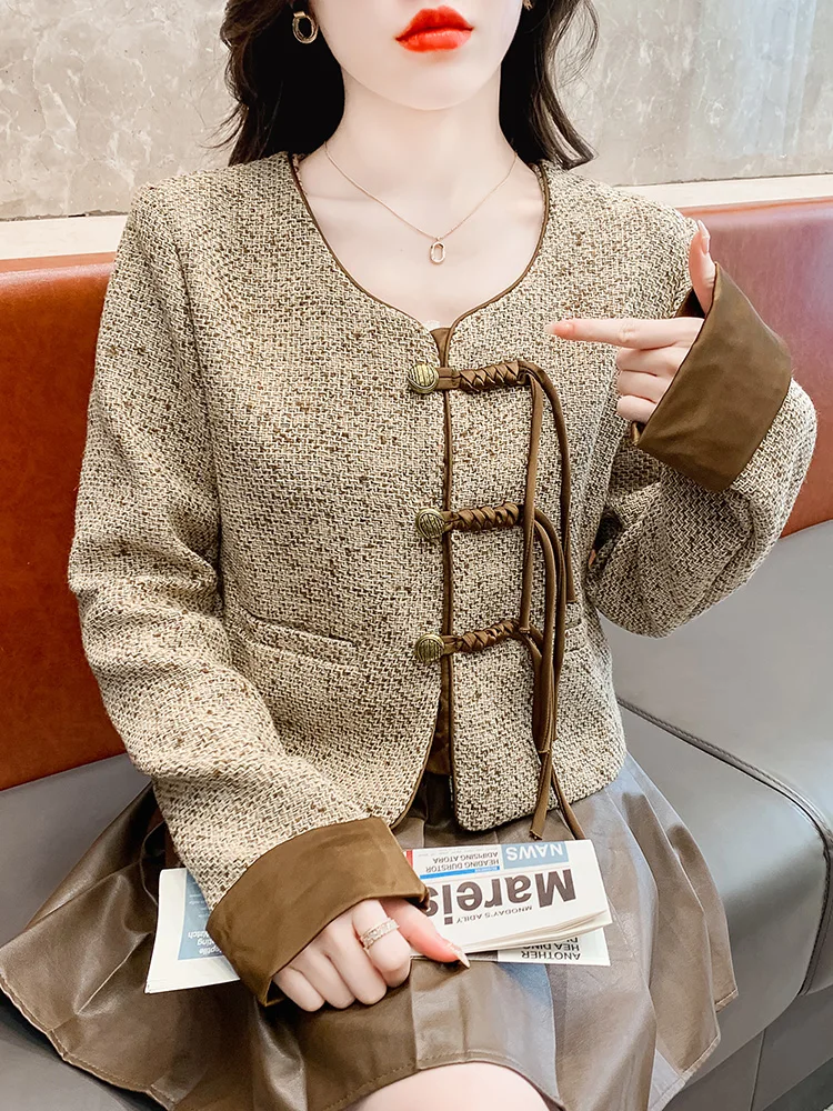 Nieuwe Chinese Sle-jas voor dames, herfst-winter, nieuw, klein formaat, knoopvest, top, woon-werkverkeer, Sle, ronde hals, lange mouwen