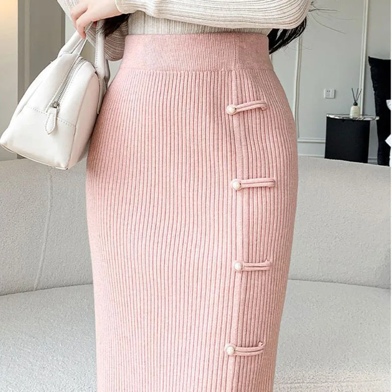 Biyaby-Falda de punto ajustada con cintura elástica para mujer, faldas acampanadas de cintura alta divididas de estilo chino, faldas largas de vendaje Sexy para mujer