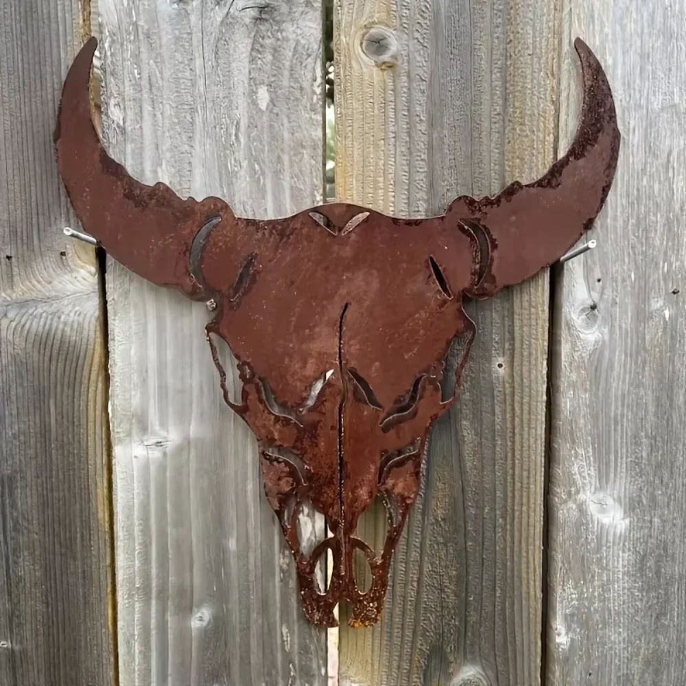 Rustic Bull Skull Metal Wall Decor: Western Cow Skull Sign for Home & Outdoor, Perfect for Halloween, Christmas, Easter