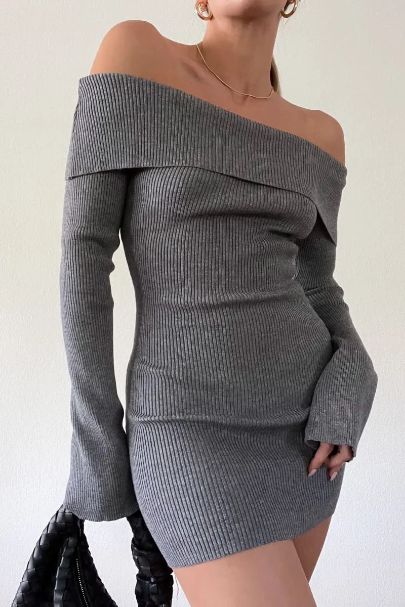 

New Fashion Womens Spring Autumn Short Knitted Dress Gray Long Sleeve Off Shoulder Skinny Dress Streetwear Hot Sale S M L