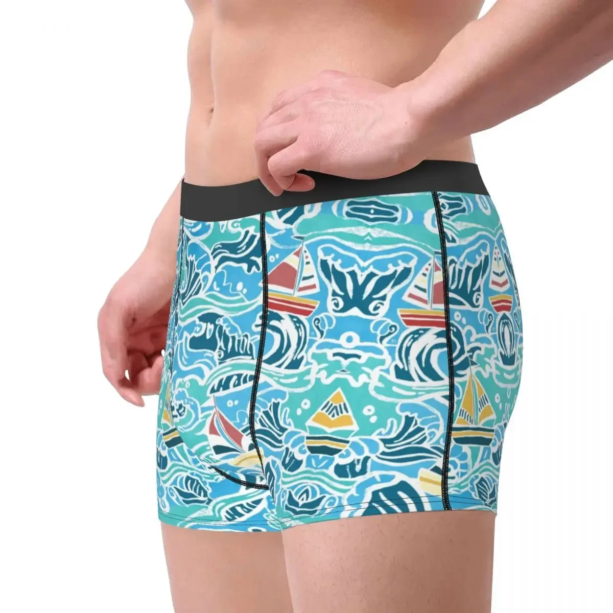 Men Boxer Shorts Panties Waves Sailboats Nautical Breathable Underwear Homme Funny S-XXL Underpants