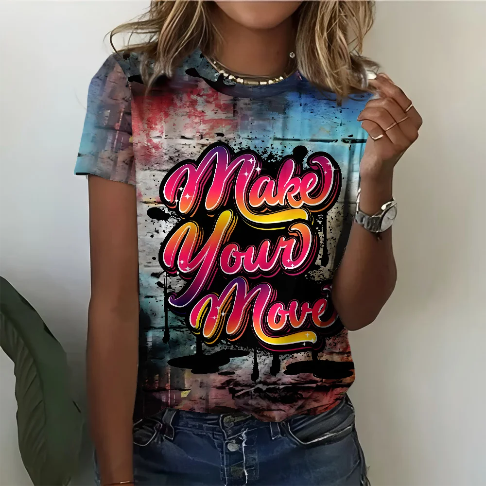 

Bold 'Move Up' Graffiti Art Women's T-shirt - Pink and Blue Street Style Casual Fashion Comfortable Summer Short Sleeve
