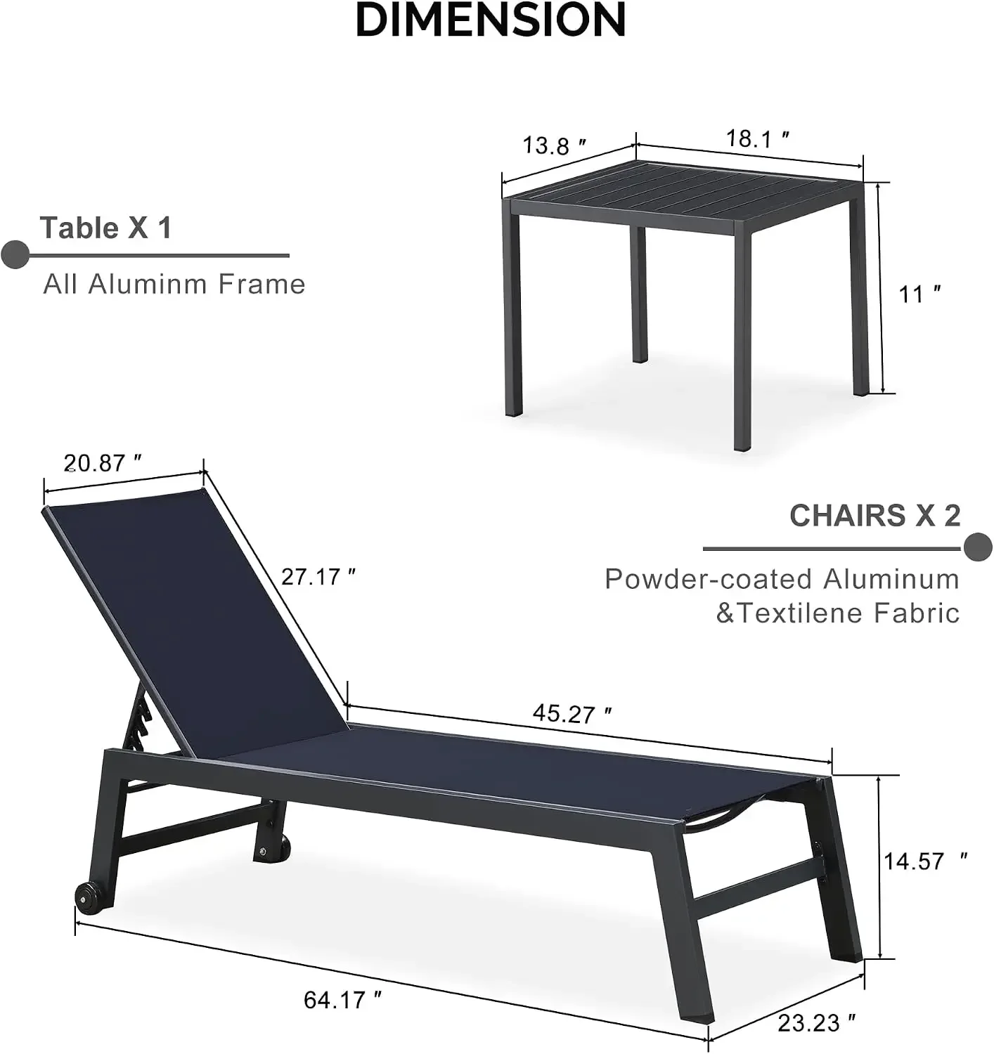 Patio Chaise Lounge Set 2 Pieces Textilene Pool Lounge Chairs with Wheels Sunbathing Chair for Outdoor Yard (2 Navy Blue Lounges