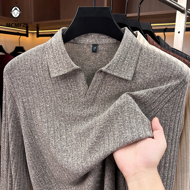 Men Spring Fall Casual Knit Pullover Long Sleeve Lap Collar Polo Top Vertical Ribbed Texture Comfortable Stretch Shirt