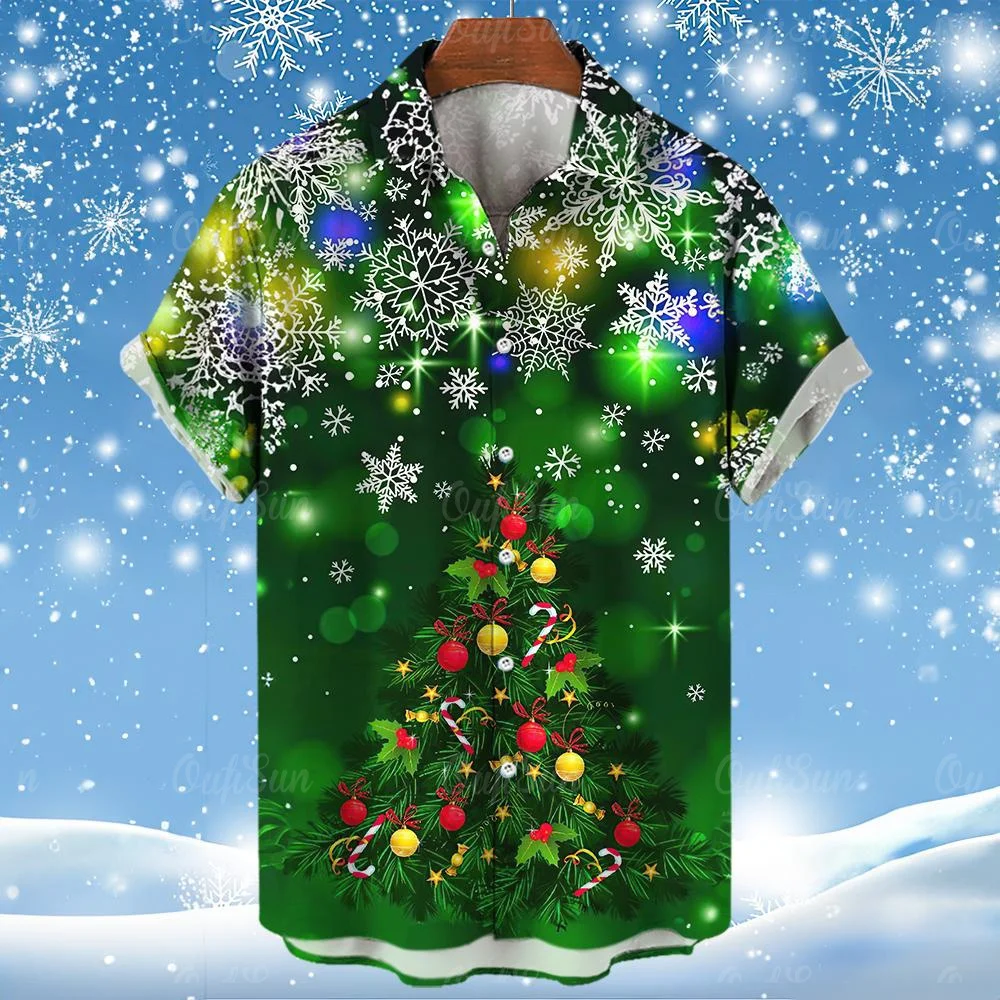 

2024 Hawaiian Christmas Snowman Tree Shirts Men's Fashion Colorful 3d Print Short Sleeve Casual Lapel Holiday Oversized Clothing