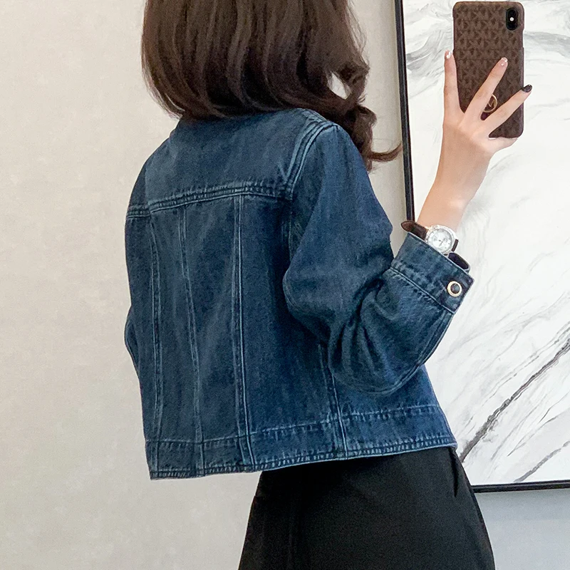 Vintage Women's O-Neck Denim Jacket Cropped Denim Jacket Long Sleeve Basic Single-Breasted Crop Jean Jacket Y2K Casual Coat Girl