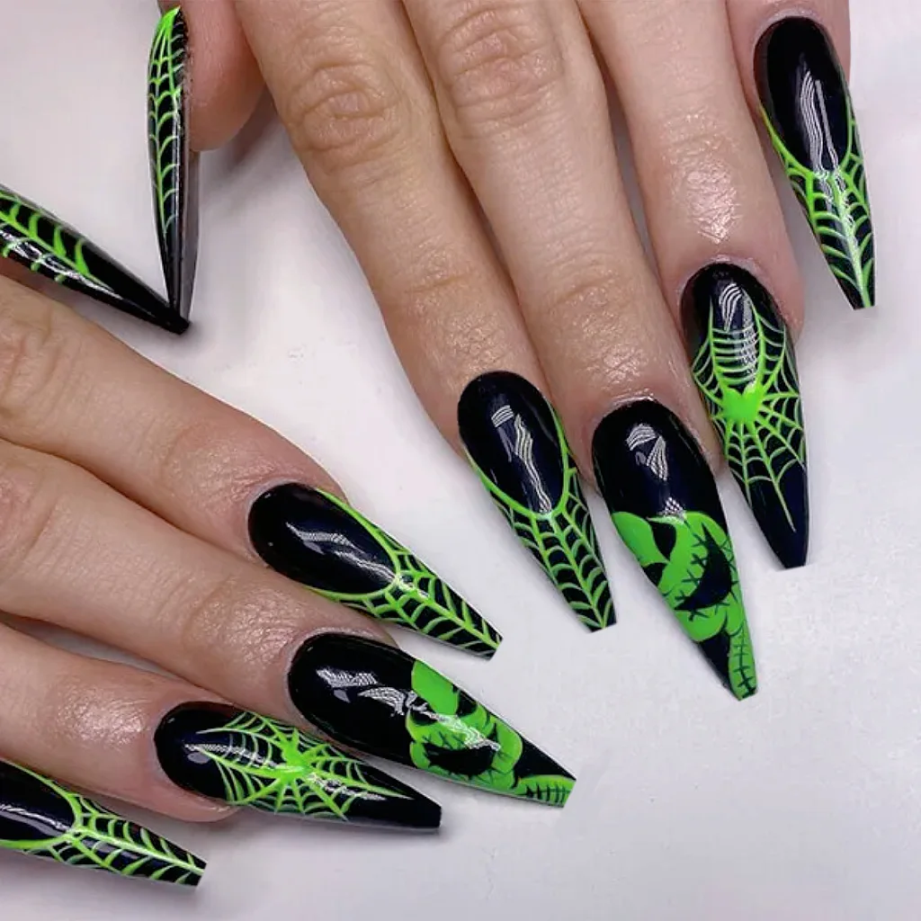 24Pcs/Set Halloween Long Ballet Fake Nails Art Bat green black Spider Web Artificial Acrylic Wearing False Nails Press on Nail