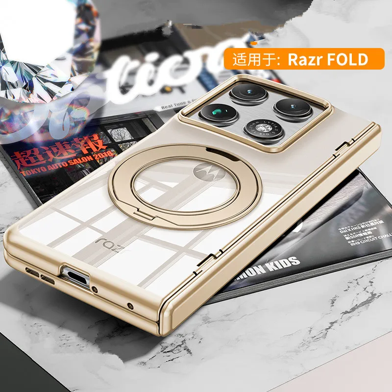 Capa Transparente Brilhante de PC com Dobradiça para Magsafe para Motorola RAZR, Suporte de Anel Giratório 360°, Capa Protetora com Vidro Anti-Espião HD