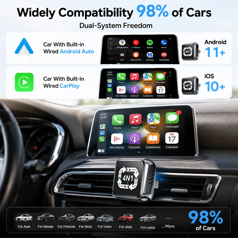 Original 4 In1 CarPlay Android Auto AirPlay Mirror Link Stable Bluetooth Adapter Wired To Wireless for Volvo Benz Mg Kia