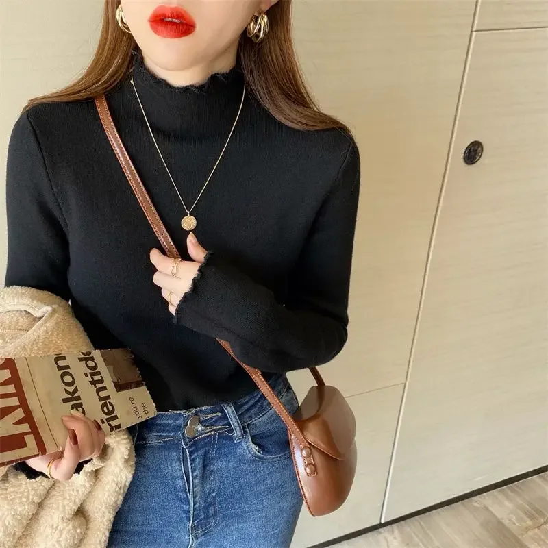 Autumn Winter Sweater Women\'s Velvet Half Turtleneck Bottoming Shirt Inner Plus Velvet Thick Top Thermal Women Clothes