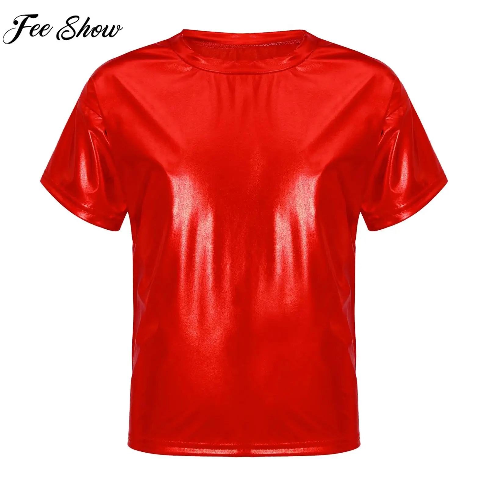 Boys Girls Short Sleeve Fashion Metallic Shiny T-shirt Hip Hop Jazz Dance Stage Performance Costume for Birthday School Party