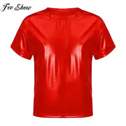 Boys Girls Short Sleeve Fashion Metallic Shiny T-shirt Hip Hop Jazz Dance Stage Performance Costume for Birthday School Party