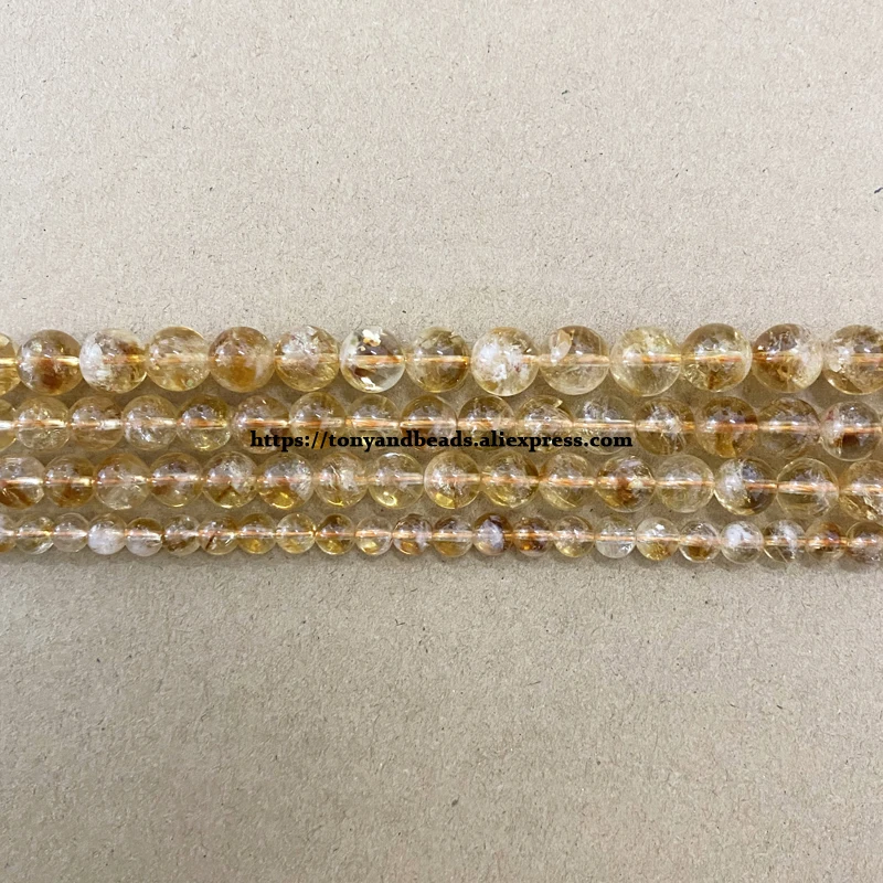 Semi-precious Stones AAAA Quality White Cracks Yellow Citrine Crystal Stone Round Loose Beads 6 8 10 MM Pick Size For Jewelry