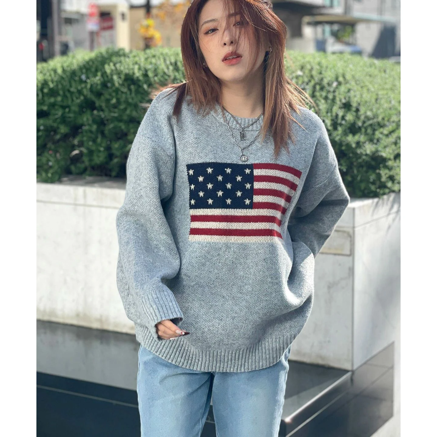 

Loose Long Sve Women's Sweater Double Layer Color Woven Pattern Casual Sle Polyester Fiber Full Quali Condition