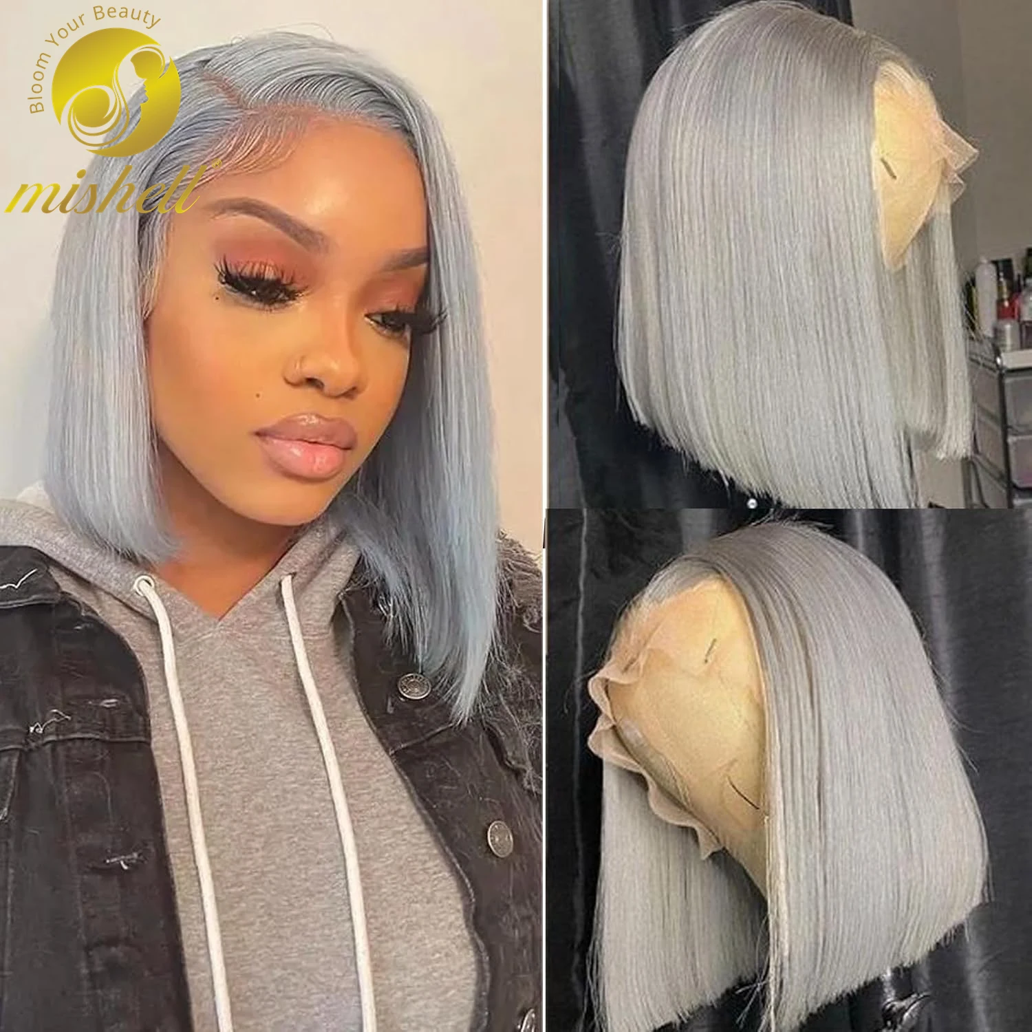 

Short Straight Sliver Grey Bob Wig Human Hair 200% Density 13x4 Transparent Lace Front Wig Pre Plucked with Baby Hair for Women