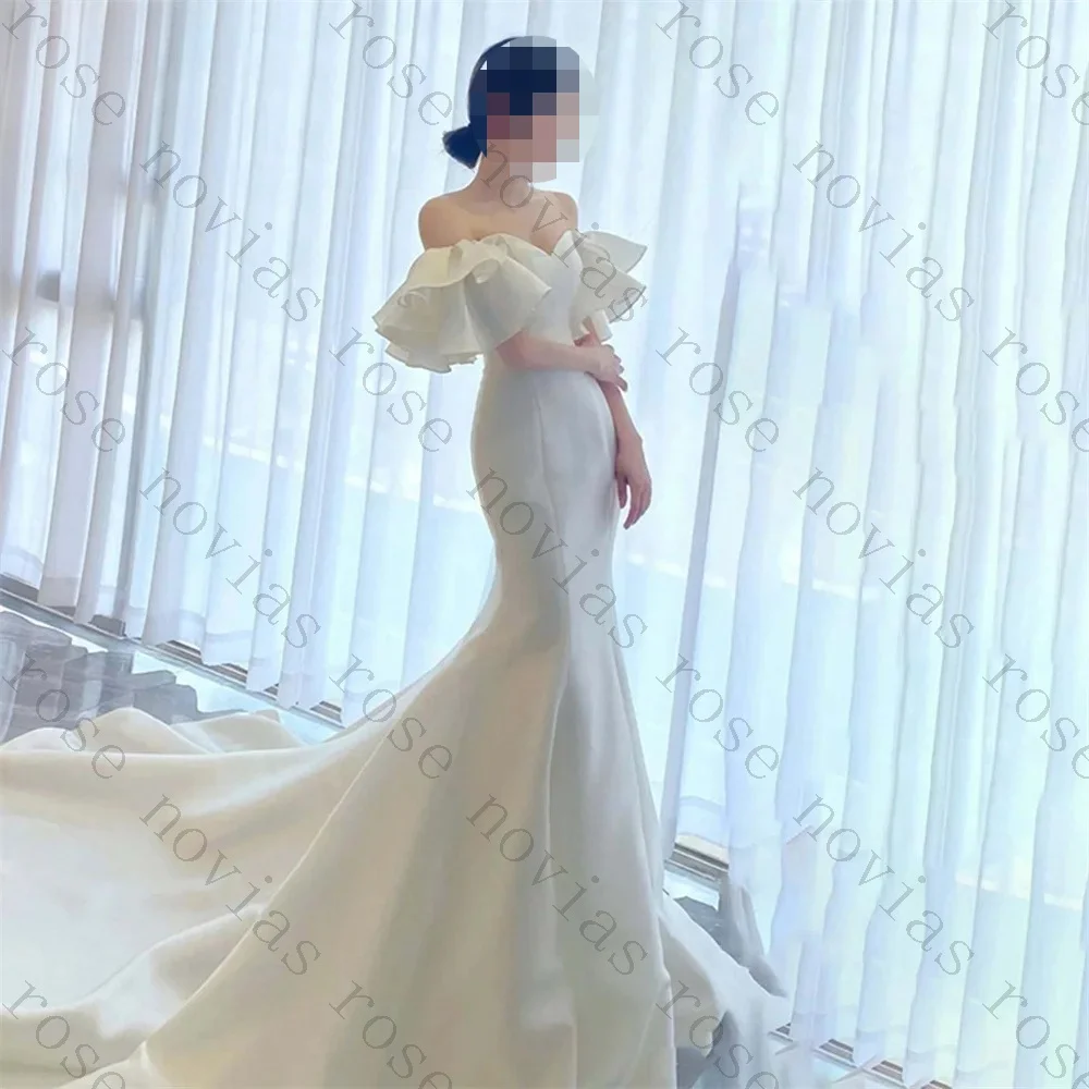 Customized Off Shoulder Lotus Leaf Sleeves Satin Mermaid Wedding Dresses 2026 Elegant Slim Fit Long Trailing Beach Bridal Gown