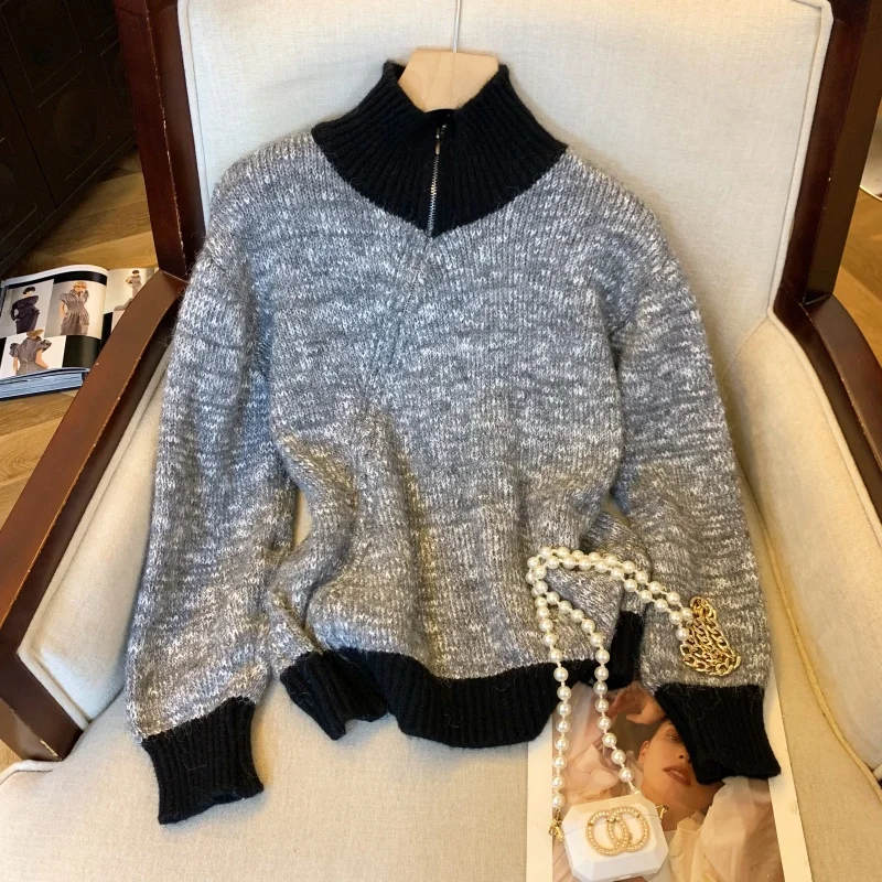 

Women Grey Cardigan Sweater Outerwear Vintage Jumper Knit Long Sleeves Zippers Turtleneck Cashmere Sweater Winter 2000s Clothes