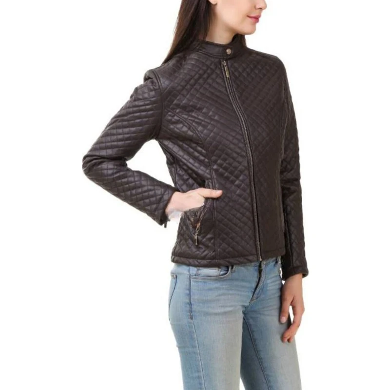 Jaqueta genuína de pele de carneiro acolchoada feminina, casaco Zip Urban Biker, mulheres premium, 100% couro